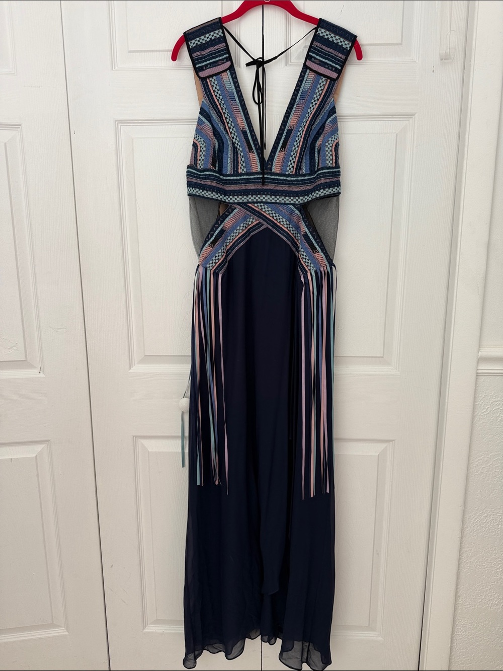 BCBGMaxAzria Elva Navy Blue Embroidered Cutout Maxi Dress Runway Size 10 - Picture 17 of 17